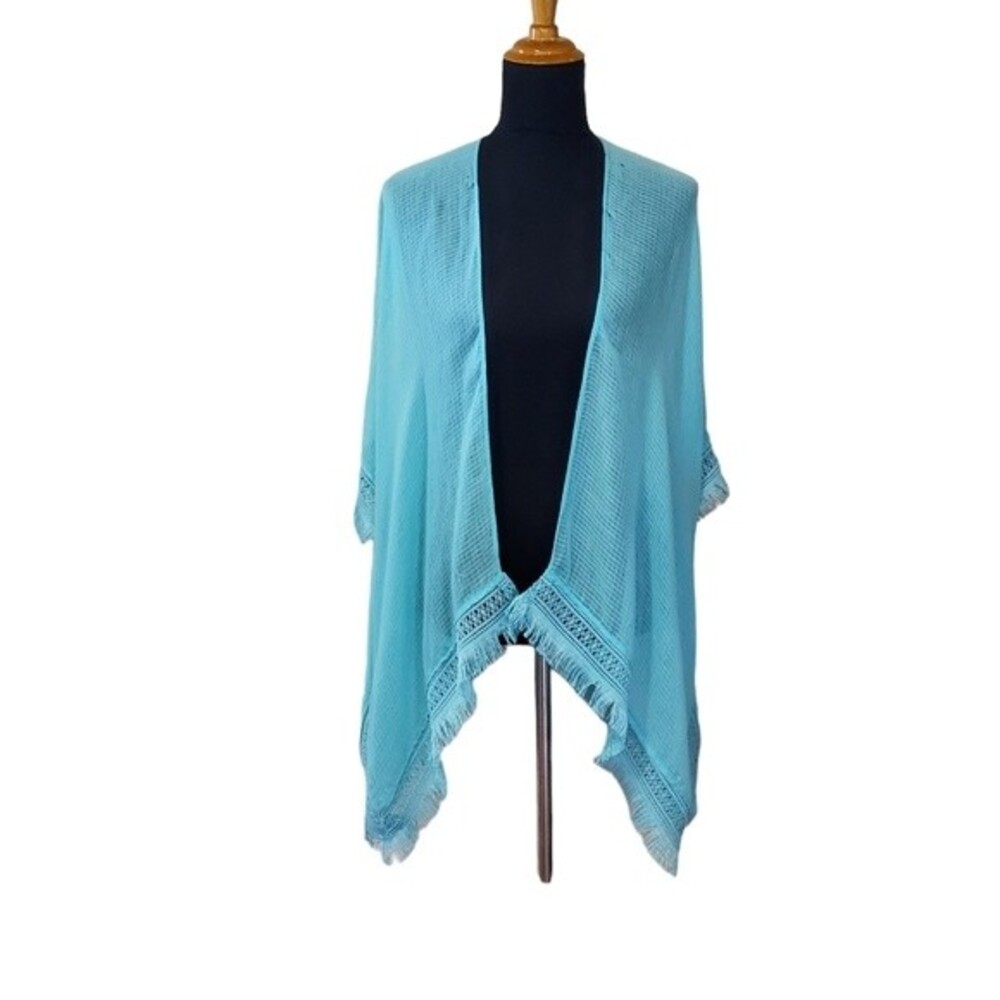 New Directions Fringe Kimono Coverup Blue OS
